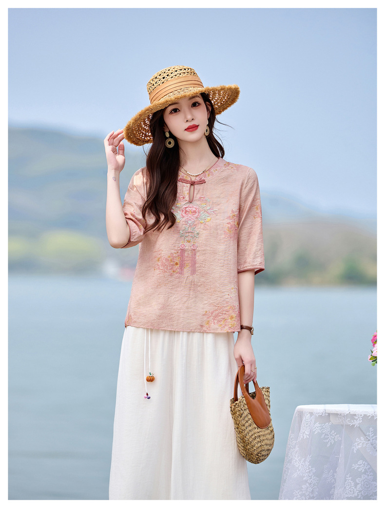 Bộ quần áo nữ hai mảnh sơ mi thêu họa tiết quốc phong kết hợp quần ống đứng MM6617 — xanh lam, Màu hồng chi tiết 16
