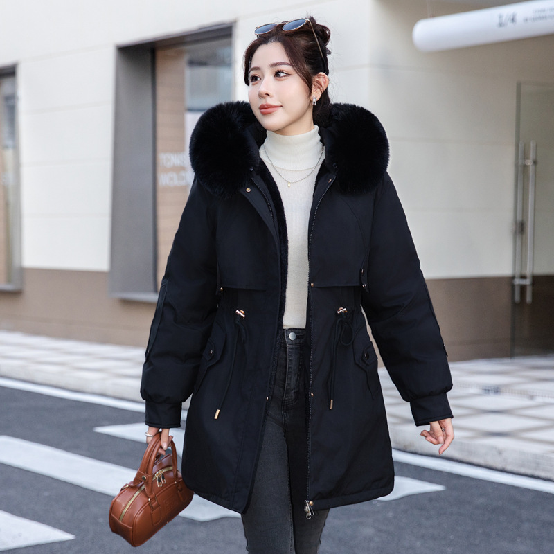 Cuello de cabello para superar la chaqueta de algodón de invierno femenino con lana y chaqueta de algodón gruesa, chaqueta de algodón media y larga