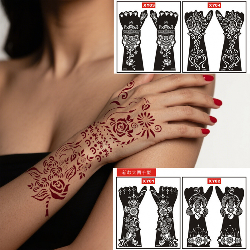 Large Indian Henna Tattoo on the Back of the Hand and Arm, Double-Hand Sticker Pattern Xy Totem Finely Carved Hollow Template Series