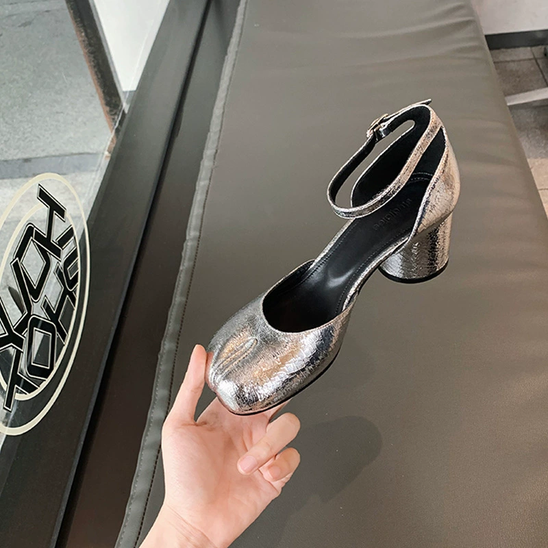 Mary Jane high heels, soft leather, round split toe with ankle strap, thick block heel