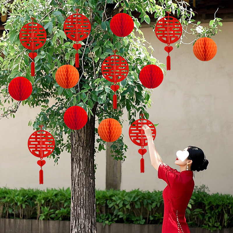 农村院子树上灯笼挂件新房喜字挂饰户外绿植装饰布置婚庆用品大全