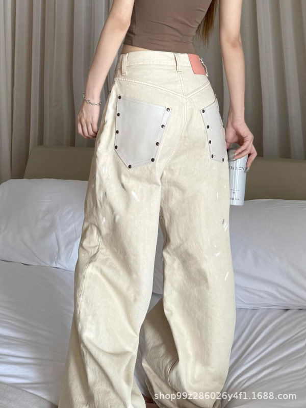 Nanyou 品質 25SS レトロなダメージ加工レザーポケットステッチリベットルーズワイドレッグダーティージーンズカップルスタイル|undefined