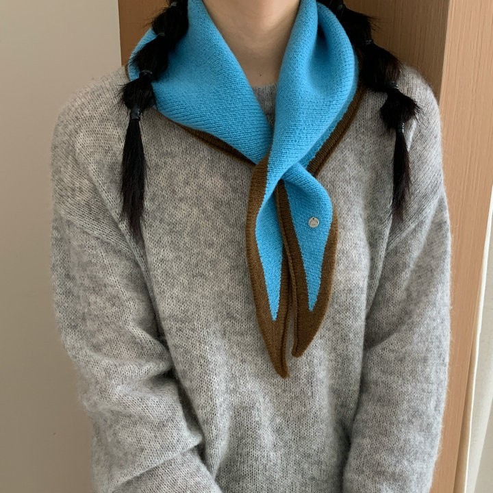 韩版新款边框拼色全羊毛针织三角巾女冬季交叉围脖保暖围巾披肩|undefined