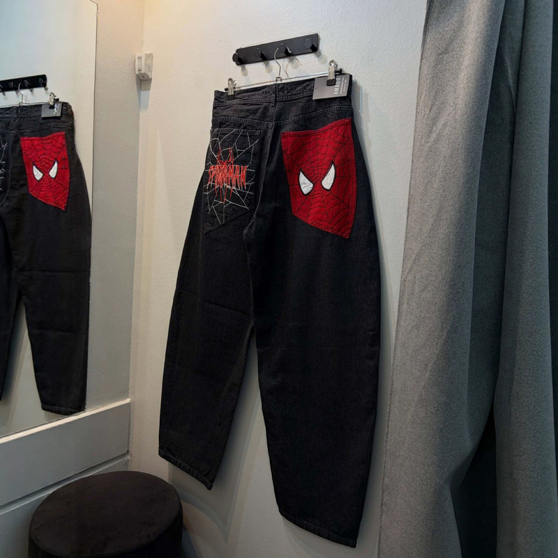 Cross-Border European and American Ins Cartoon Pattern Embroidered Jeans for Men and Women, American Retro Washed Straight-Leg Pants, High Street Long Pants