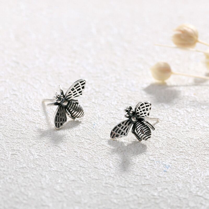 复古泰银韩国蜜蜂耳钉女简约做旧时尚甜酷ins潮流个性设计感耳饰