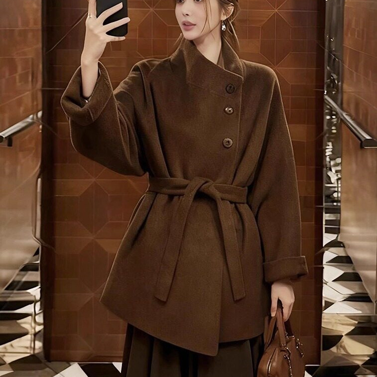 高端短款大衣女毛呢外套双面羊毛秋冬新款羊毛大衣系带小个子