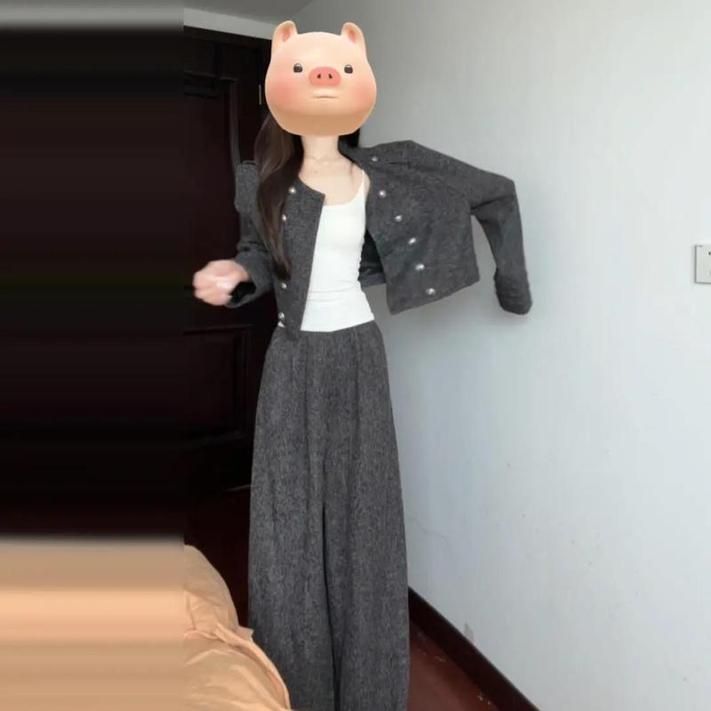 韩系慵懒松弛感早秋季穿搭一整套装裤子女2025新款初秋装灰色外套|undefined