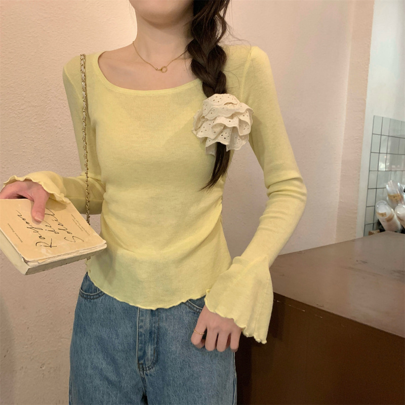 小个子木耳边喇叭袖长袖t恤上衣女秋季新款甜美风方领修身打底衫|undefined