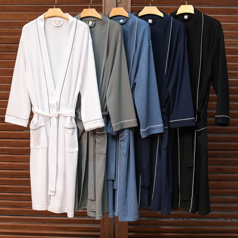 Japanese-style Bathrobe Women's Long Summer Cotton Nightgown Spring and Autumn Couple's Thin Pajamas Waffe Absorbent Bathrobe Men's Hair