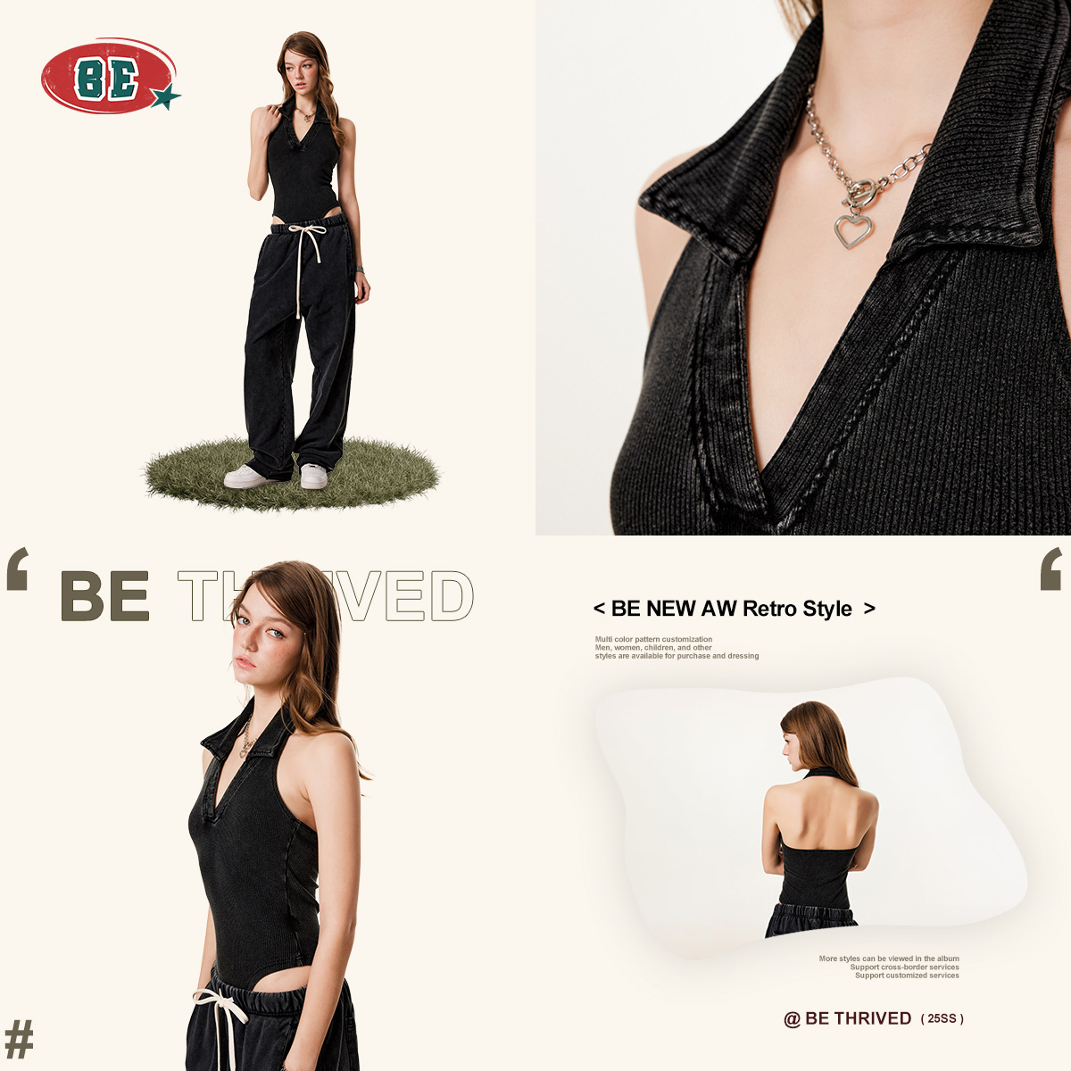 BE ropa de mujer | 2025 verano europeo y americano cuello colgante transfronterizo chica caliente top de hombro top sexy sin espalda con cuello en V mono mujer