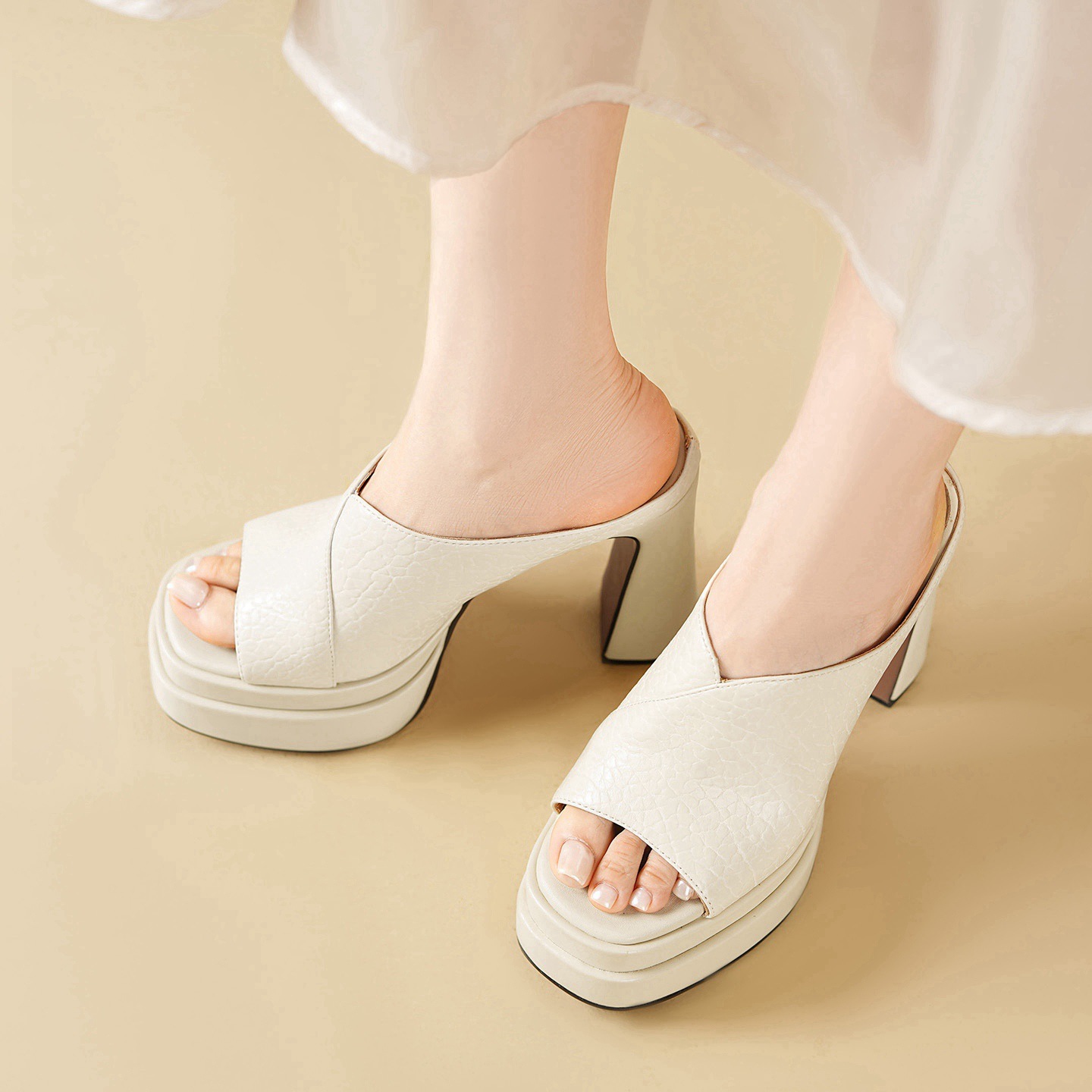 Sandal cao gót nữ mũi hở da bò gót thô đế dày 13 cm — đen