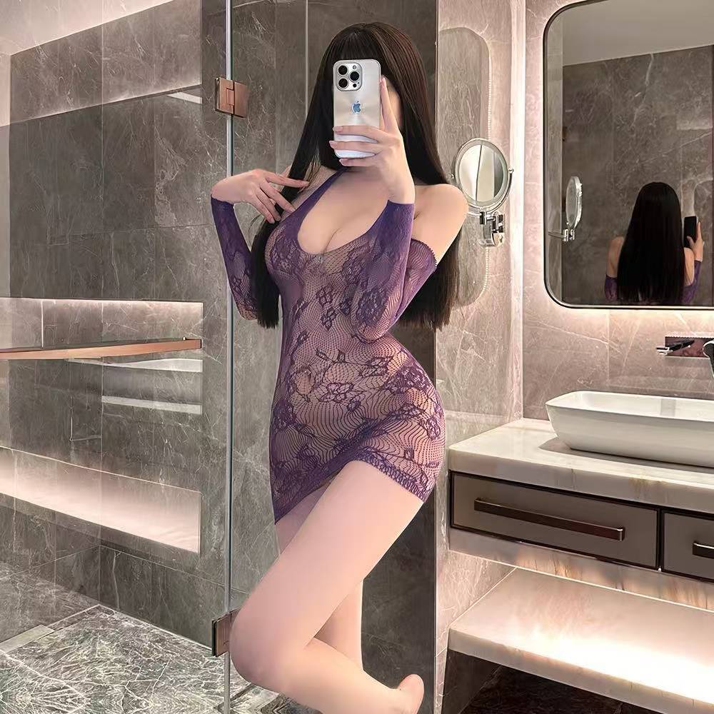 Purple See-Through Hollow-Out Lingerie Set with Open-Crotch Tear-Off Bodycon Skirt — detail image 2