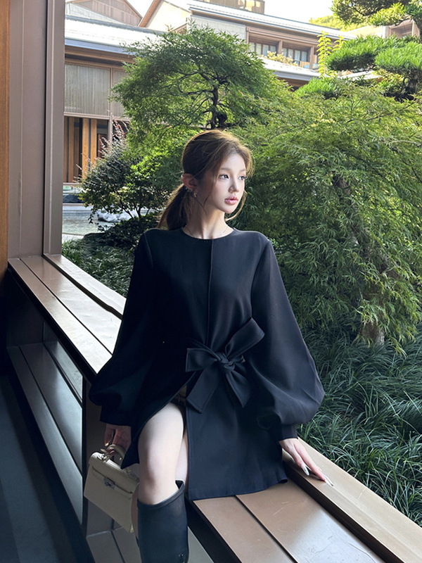 外套女秋中长款设计感气质宽松显瘦圆领灯笼袖绑带a字西装连衣裙|undefined