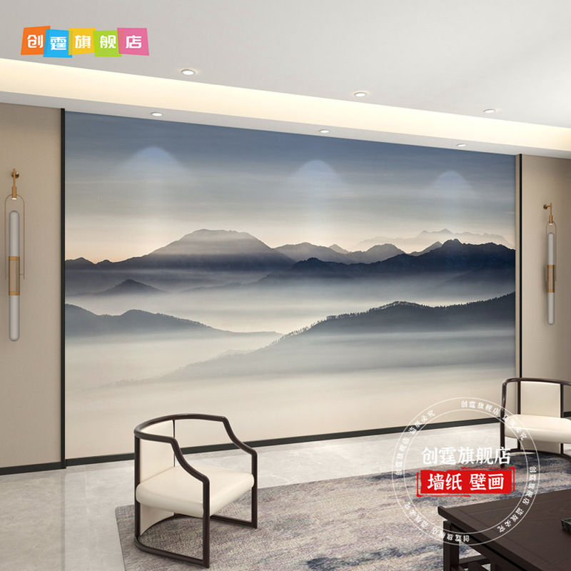 千里江山图电视背景墙壁布客厅新款中式壁纸3d立体壁画影视墙|undefined
