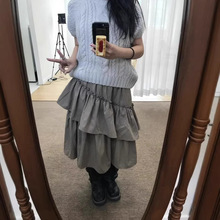 三色早春新款~韩国少女不对称斜花边荷叶边大裙摆半身裙纯色日系
