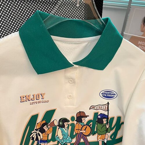 Trendy polo shirt short-sleeve boys' summer loose embroidery heavy-duty solid color T-shirt college style color-block half-sleeve T-shirt