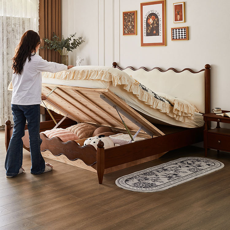 DASIMA Retro estilo francés cama de almacenamiento de caja alta estilo antiguo toda madera maciza cama de madera de cera blanca con espacio de almacenamiento cama de caja