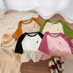 Xiaoku Children's Short Sleeve Medium Children's Trendy Korean Style Loose Top Children's Striped Color Crew Neck Loose Pure Cotton T-Shirt