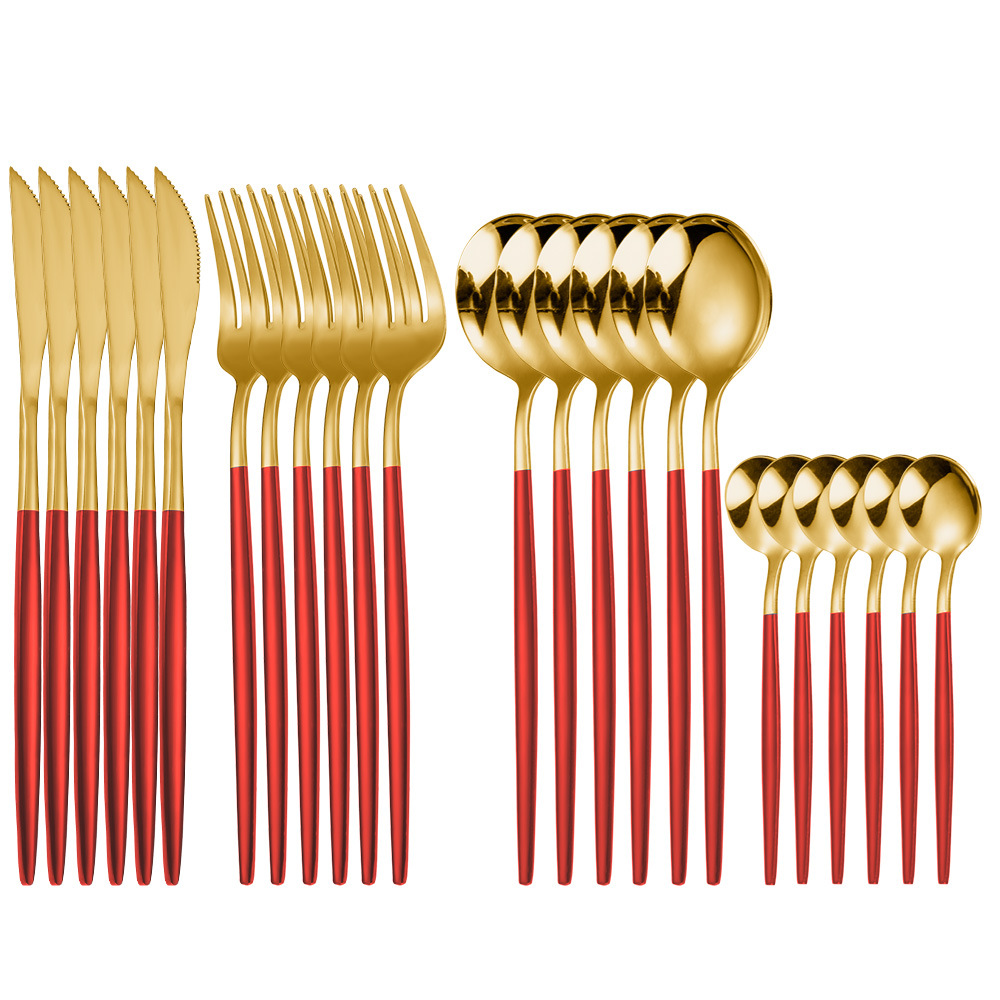 En stock de acero inoxidable chapado en oro vajilla occidental de cuatro piezas principales cuchillo, tenedor y cuchara suministro transfronterizo conjunto de 24 piezas traje de vajilla portuguesa