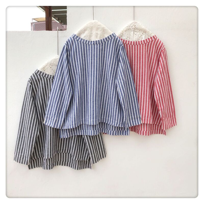 4-color Japanese single less public rear strap striped cropped sleeve top washed matted cotton front short back long exquisite workmanship