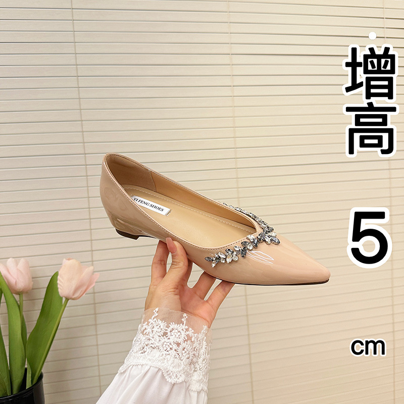 Pointed Height 5cm Shoes Temperament Pointed Toe Nude Color Rhinestone Patent Leather Height Black Patent Leather Flat Shoes