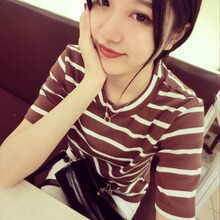 甜美新款条纹t恤女生显瘦打底衫韩版时尚休闲女装可爱简约学生装