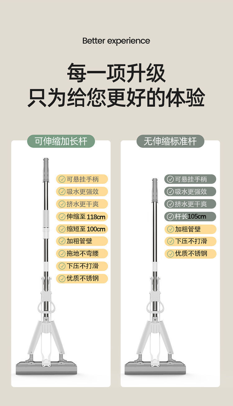 海绵拖把吸水地拖胶棉不锈钢拖布免手洗对折滚轮式挤水家用一拖净详情15