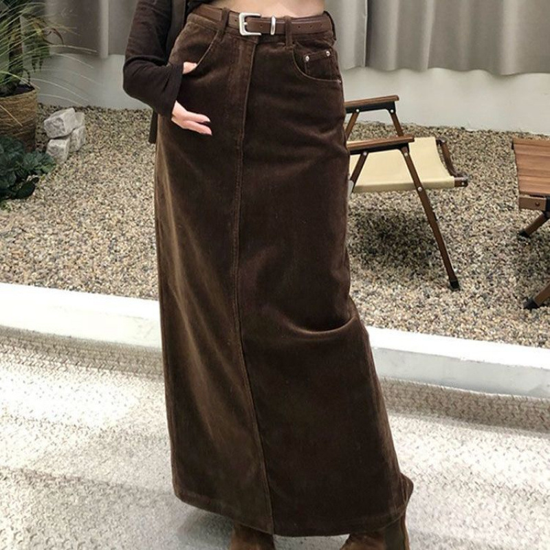 咖色灯芯绒半身裙女秋季新款大码高腰气质百搭休闲开叉直筒裙|undefined