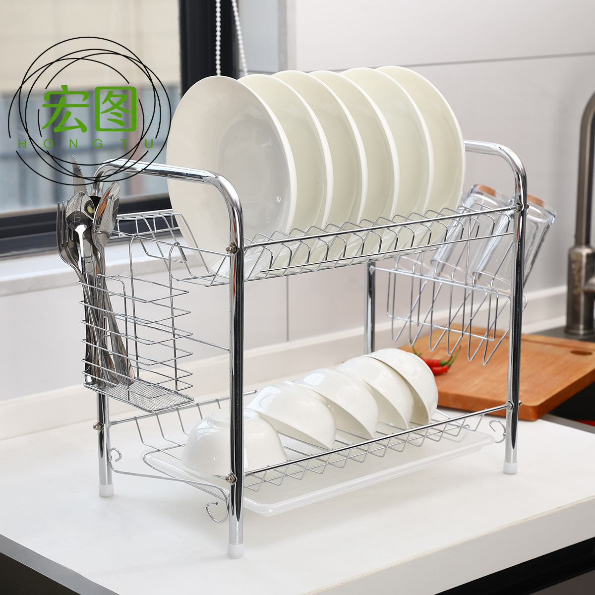 Escurridor de Platos Doble Capa Tipo H de Hierro para Cocina image 1