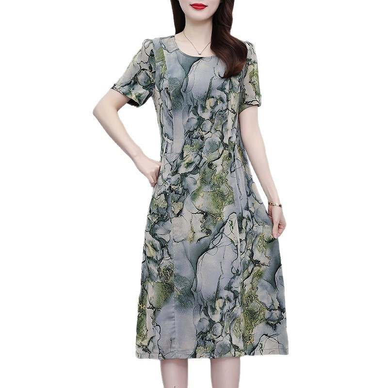 真丝桑蚕丝连衣裙女夏季新款高端香云纱显瘦大码宽松妈妈印花裙子|undefined