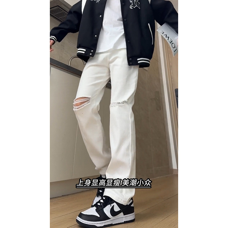 American-Style Ripped Jeans for Men, 2025 Summer New Trendy High-Street Brand, Slightly Stretchy Straight-Leg Slimming Black Casual Pants for Men