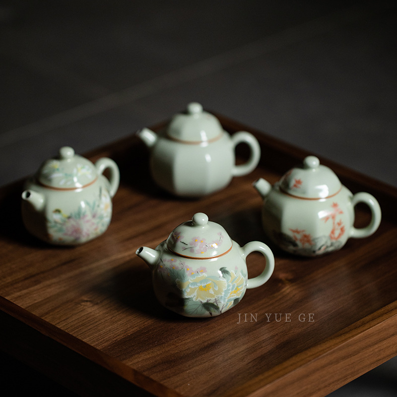 秘黃汝窯花鳥圖中式泡茶壺六方壺復古茶壺陶瓷茶具不燙手功夫茶具