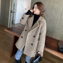 大码胖mm毛呢西装外套女秋冬英伦风复古加厚中长款呢子大衣200斤