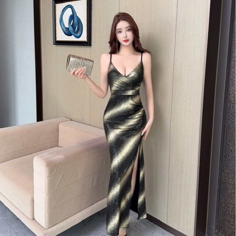 French-Style High-End Design Long Strap Dress, Club Bar Spa Technician Work Uniform M515