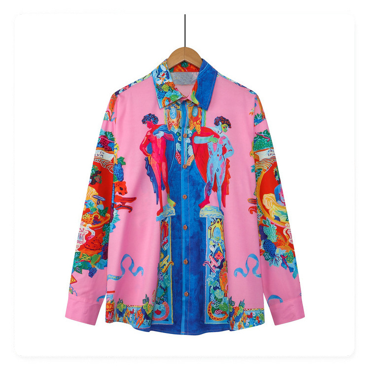 Palace Feast Digital Printed Long sleeved Leisure Vacation Crowd Open Loose Shirt for Men_voghion.com