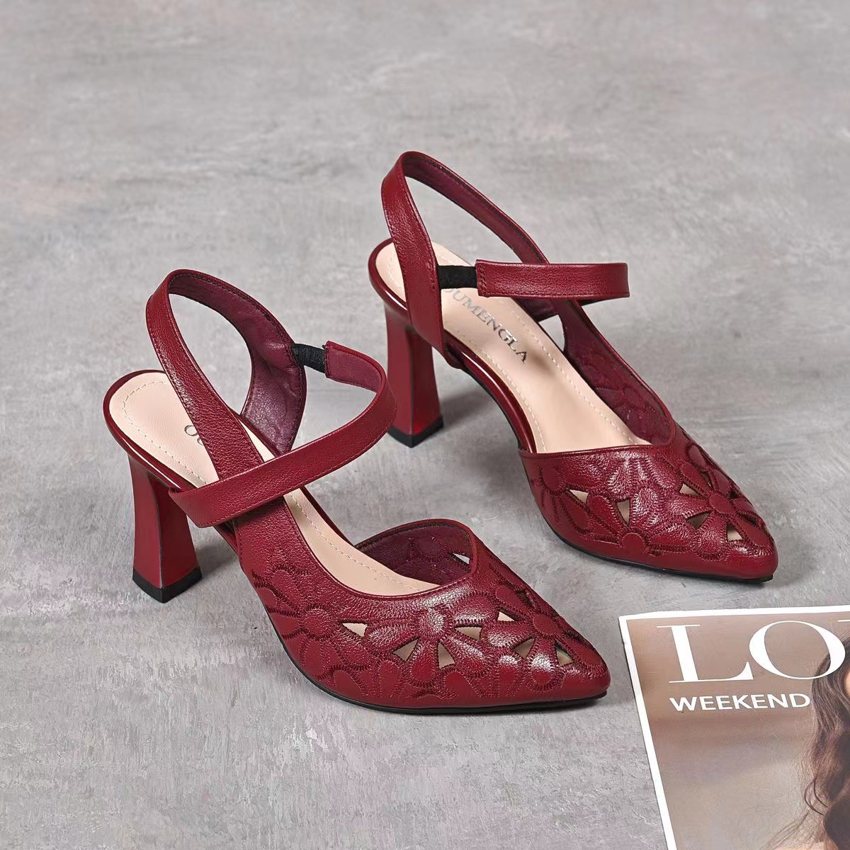 Sandal nữ cao gót hở mũi thêu rỗng quai mắt cá chân da thật gót 5 cm — Màu trắng nhạt【5cm chiều cao gót chân】 chi tiết 8
