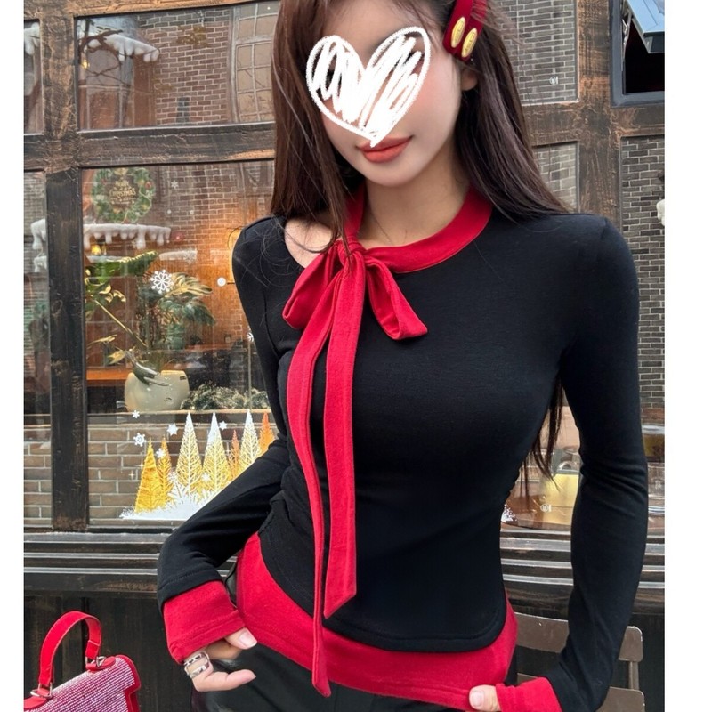 YIDENG2025 新しい純粋な欲望のホットガールコントラストカラーのリボンタイ長袖ファッショナブルなスリムフィット多用途トップ|undefined