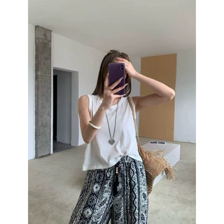 【及简穿搭】棉麻圆领背心女夏季纯色基础款打底内搭上衣