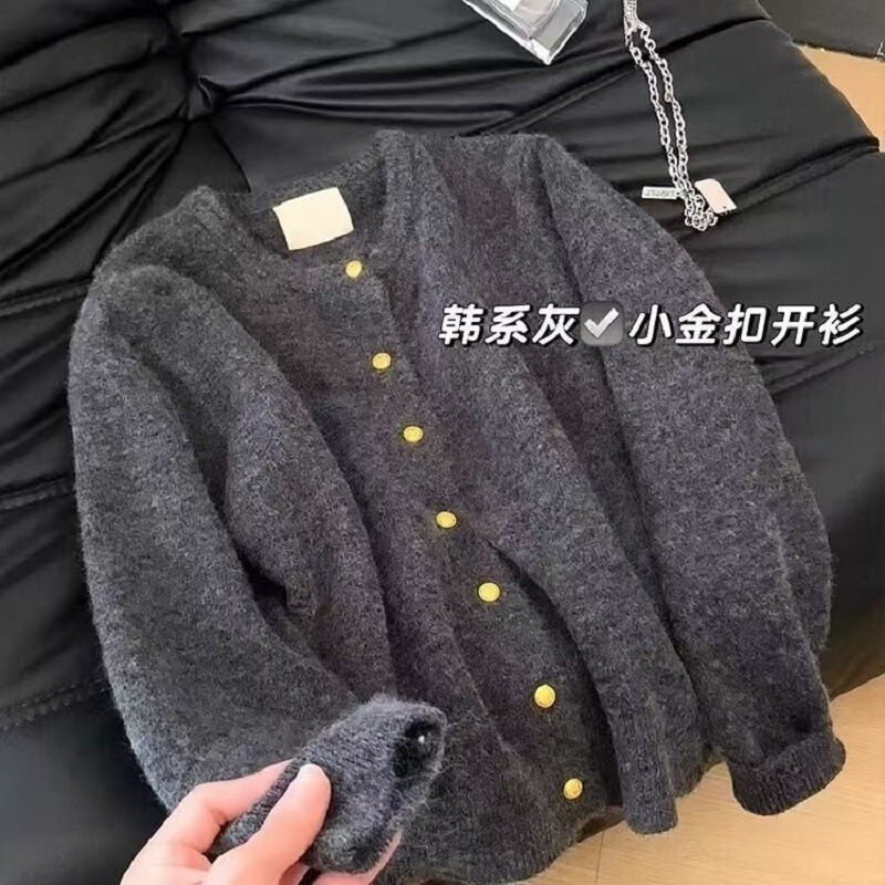 复古金扣开衫女秋冬针织衫纯色圆领长袖毛衣女装针织外套现货批发|undefined