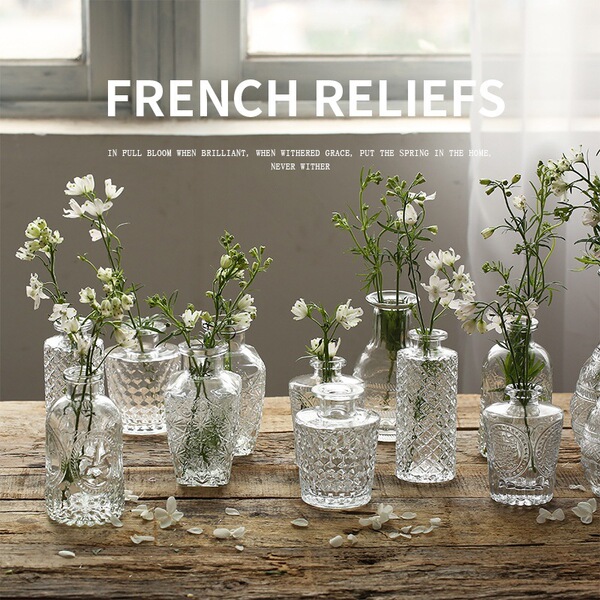 Retro light luxury relief transparent French mini glass vase living…