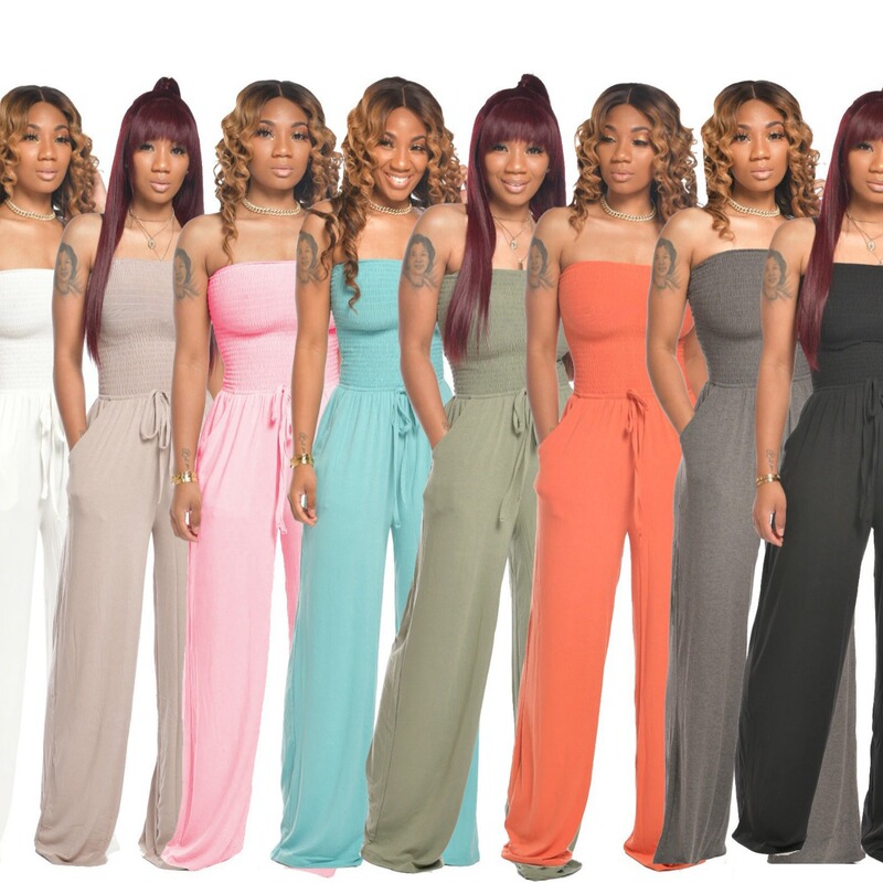 2023 Amazon Cross-Border New European and American Clothing Casual Flat Shoulder Wrapped Chest Wide-Leg Jumpsuit