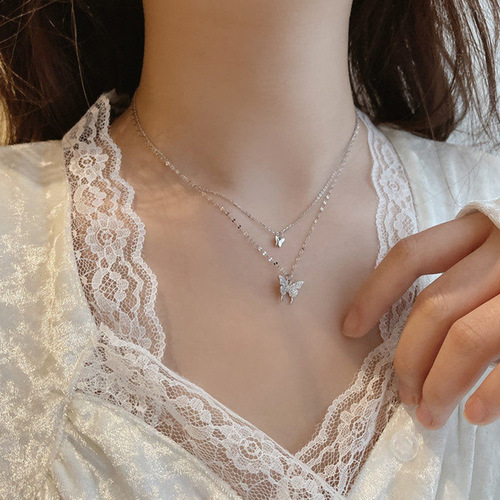 Double-layer butterfly necklace~Flash diamond  spring and summer new trendy necklace for women ins Korean versatile cold style clavicle chain