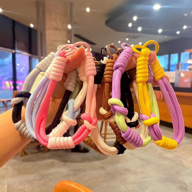 Colorful Color-Blocked Double Buckle Ring Keychain Plush Doll Decorative Rope Woven Keychain Accessory Phone Lanyard Colorful Color-Blocked Double Buckle Ring Keychain Plush Doll Decorative Rope Woven Keychain Accessory Phone Lanyard