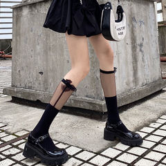 Lolita-style women's mesh-pleated bow socks, summer JK-style calf-length socks—sweet, edgy, and cool white mid-calf stockings for spicy girls.