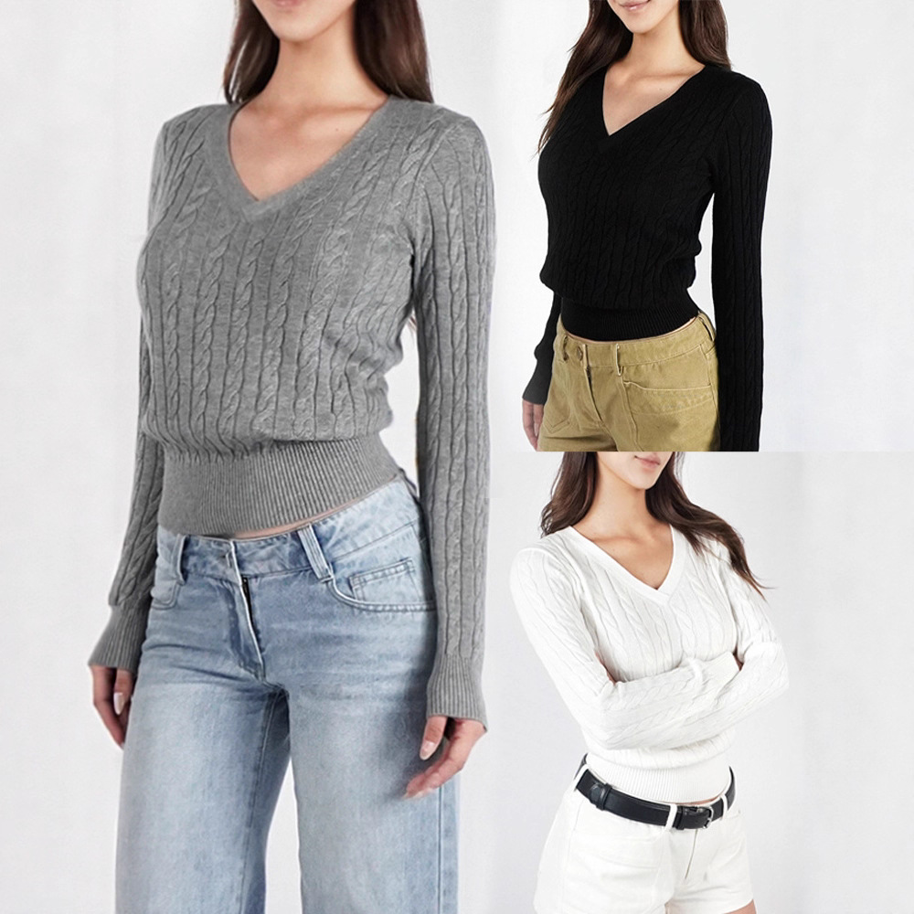 Clearance Sale American-Style Spicy Retro V-Neck Designer Knitwear, Slim Fit, Textured, Regular Shoulder, Cable Knit Sweater for Mature Women