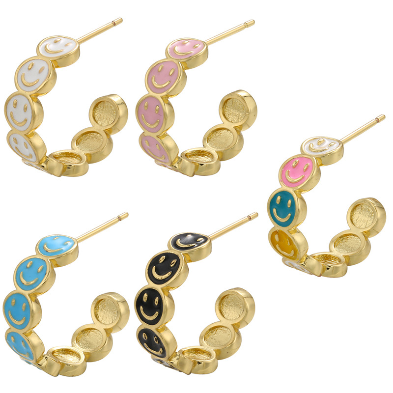 Colorful dripping smiley face C-shaped 18K gold-plated copper earrings