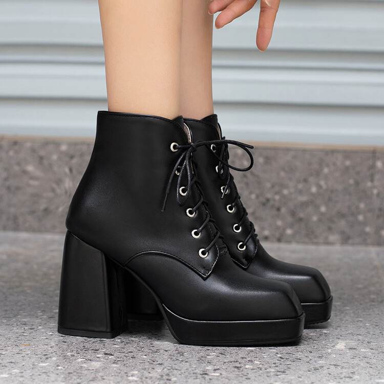 Solid color square head front strap waterproof platform thick heel short leg boots_voghion.com