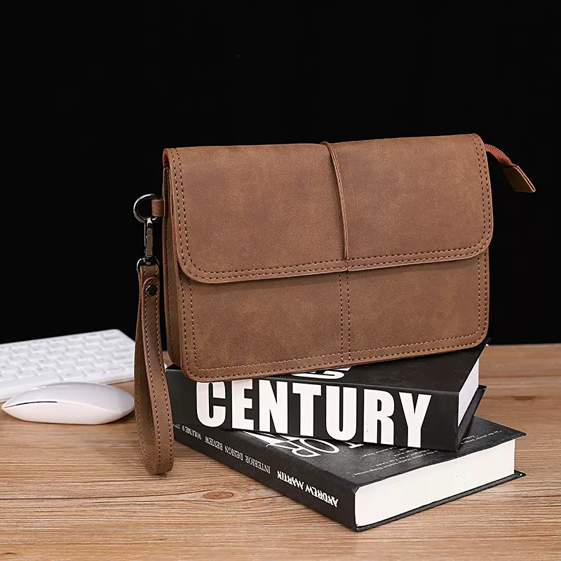 新款零钱包复古男式手抓包休闲男士手包疯马皮商务手拿包腋下夹包