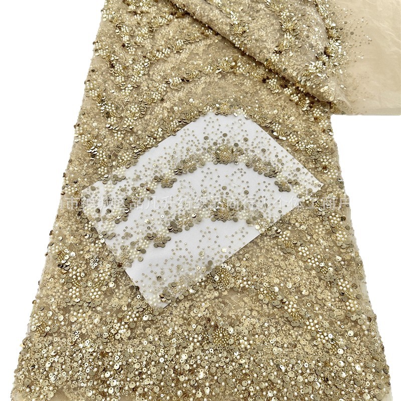 Verano transfronterizo bordado falda larga tela de malla bordado tubo de perlas vestido de moda rendimiento tela de encaje