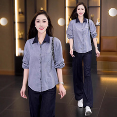 时尚条纹衬衫女2025秋季新款洋气宽松遮肚显瘦长袖上衣百搭衬衣潮